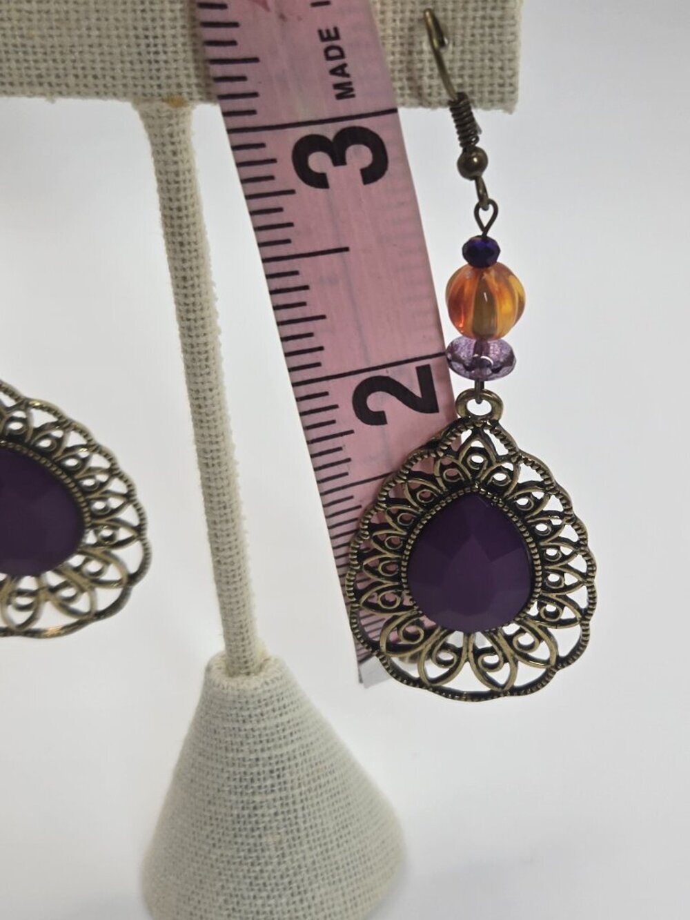Purple Dangle Earrings Handmade With Bronze Tone Accent & Orange Beads Item E38 - Picture 3 of 5